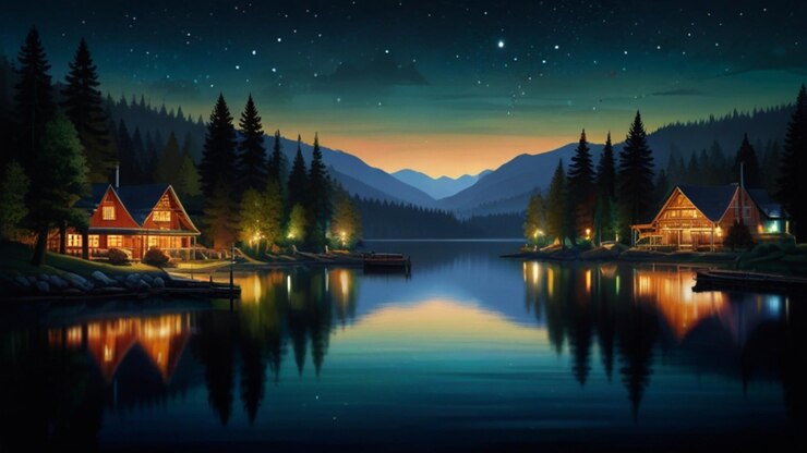 una pintura de una cabaña con un lago y montañas en el fondo