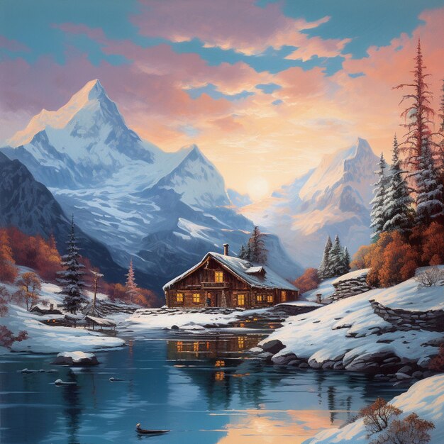 Pintura de una cabaña en las montañas con un lago y patos generativos ai