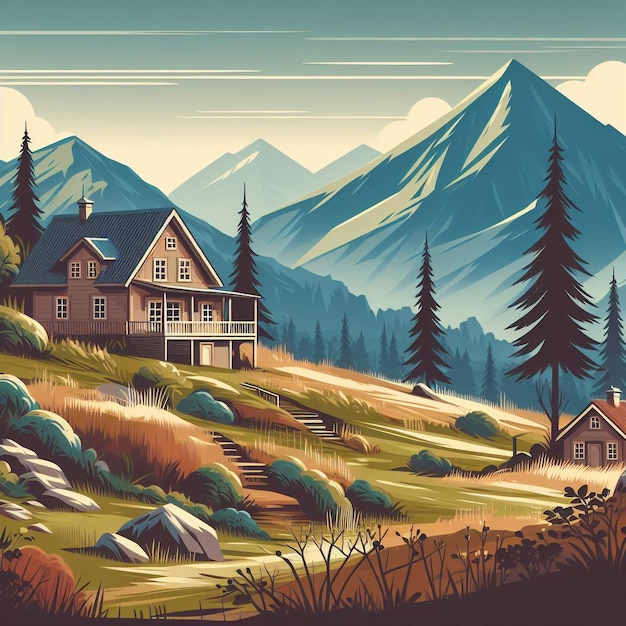 una pintura de una cabaña en un paisaje de montaña