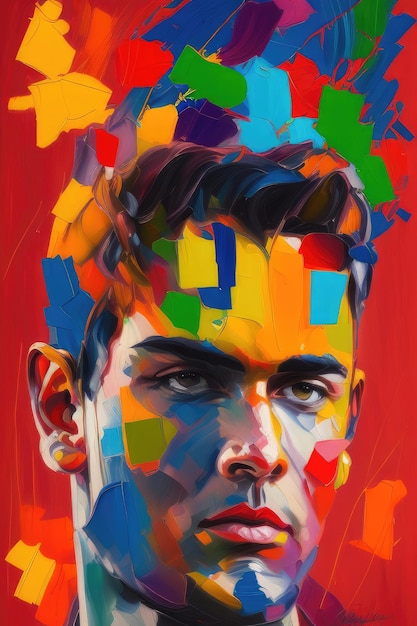 Una pintura de la cabeza de un hombre con muchos colores.