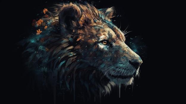 Una pintura de la cabeza de un león con un fondo negro y hojas amarillas.