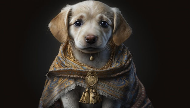 Una pintura de un cachorro con un chal dorado y un chal dorado.