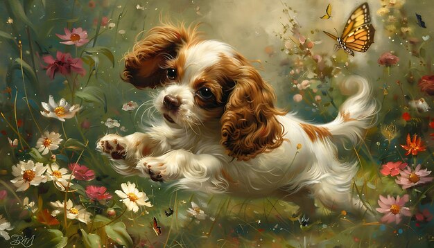 una pintura de un cachorro con flores y la palabra cachorro en él