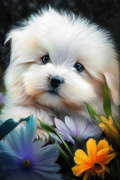 Una pintura de un cachorro en flores.