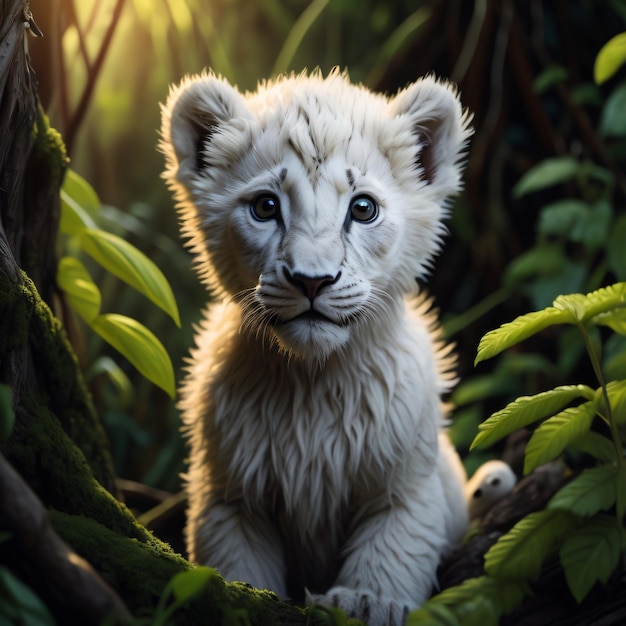 Una pintura de un cachorro de león blanco con ojos azules se encuentra en una jungla.