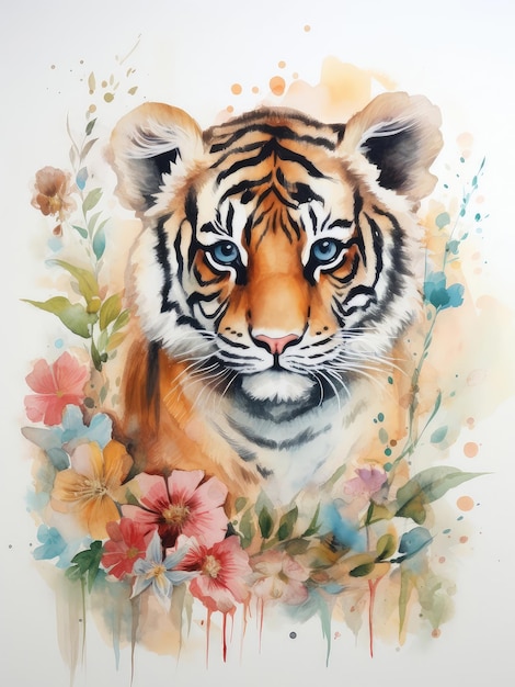 Foto pintura de un cachorro de tigre alrededor de flores