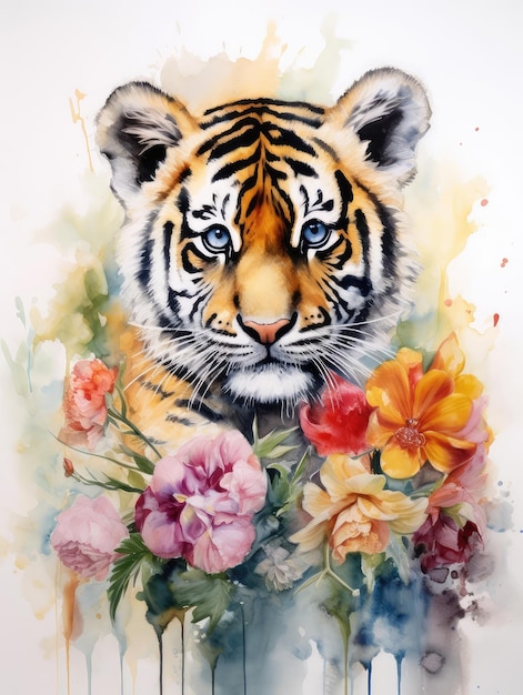 Pintura de un cachorro de tigre alrededor de flores