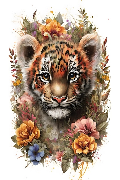 Una pintura de un cachorro de tigre con flores en el frente.