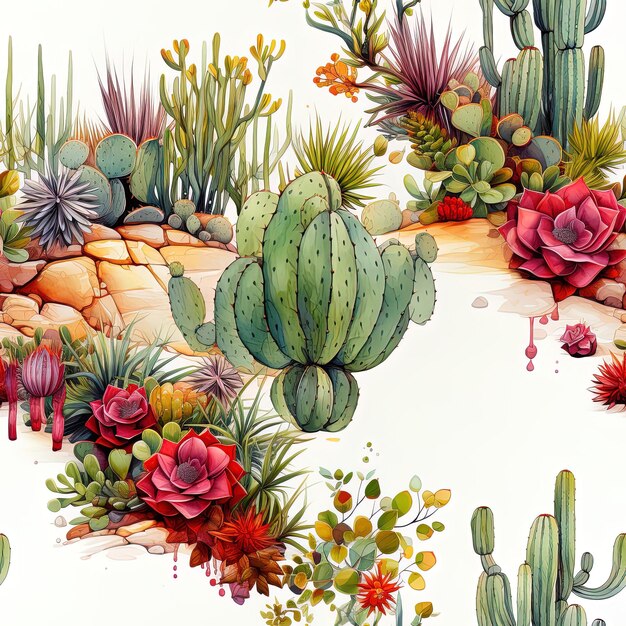 una pintura de un cactus y cactus con flores