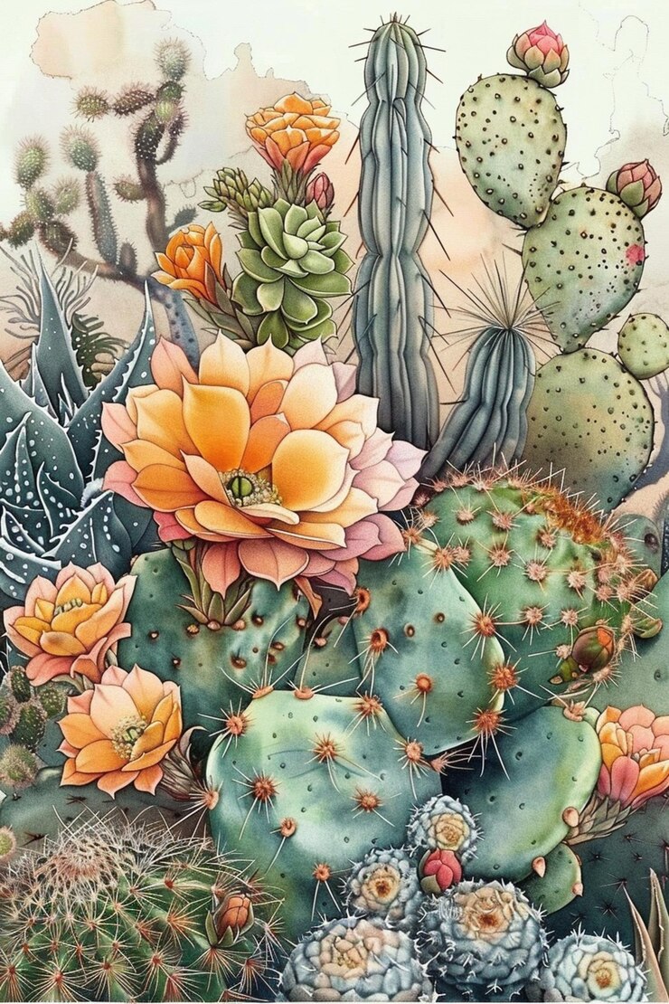 pintura de un cactus con flores y un pájaro en el fondo generativo ai