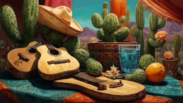 Foto una pintura de un cactus y una guitarra