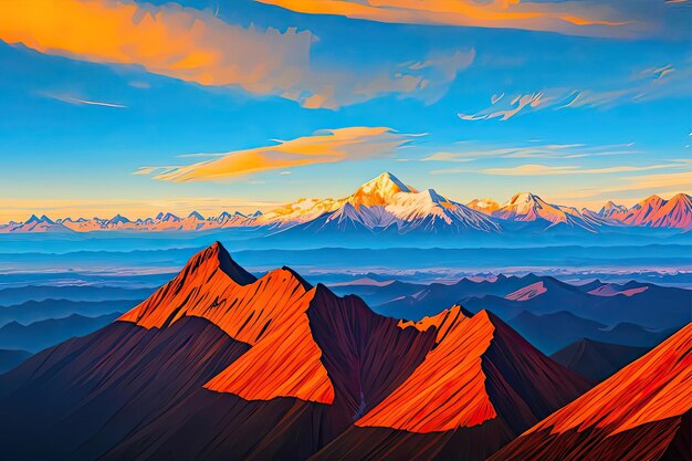 Una pintura de una cadena montañosa con la puesta de sol sobre ella.
