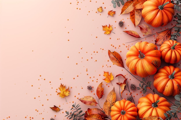 una pintura de una calabaza y algunas hojas de otoño