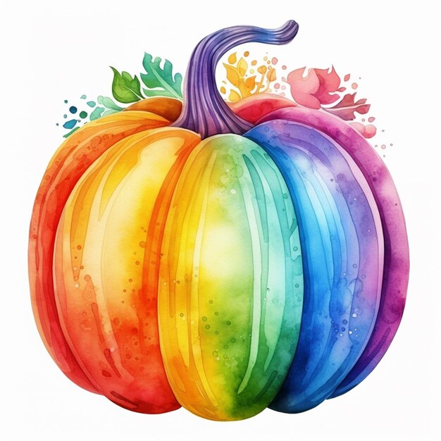 una pintura de una calabaza de color arco iris con hojas y flores generativas ai