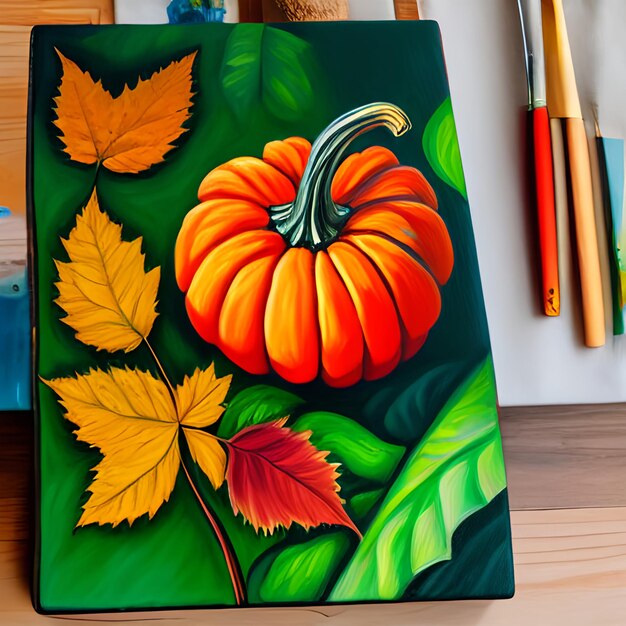 Una pintura de una calabaza con hojas.