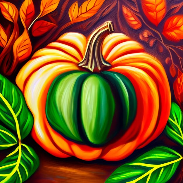 Foto una pintura de una calabaza con hojas.