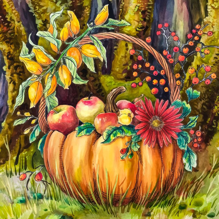 una pintura de una calabaza con manzanas y una canasta de manzanas