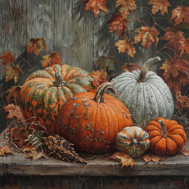 una pintura de calabazas y calabazas en una mesa