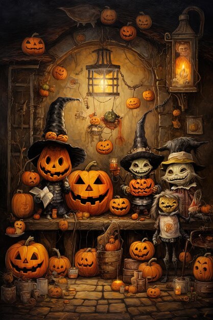 una pintura de calabazas y sombreros de bruja con uno que dice Halloween