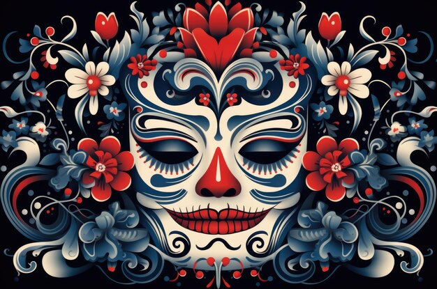 Una pintura de una calavera de azúcar con flores ai