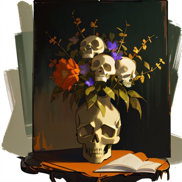 una pintura de una calavera y flores en un jarrón