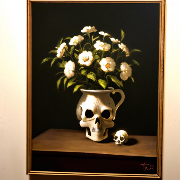 una pintura de una calavera y flores en un jarrón