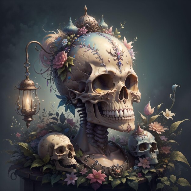 Una pintura de una calavera con flores.