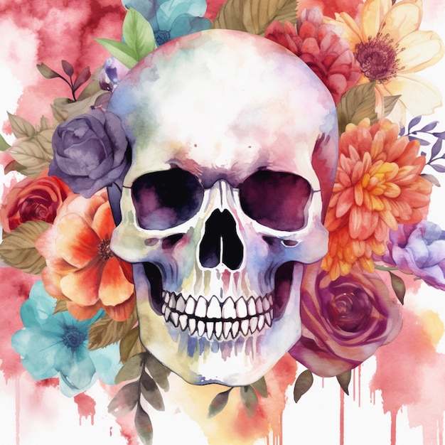 Una pintura de una calavera con flores.