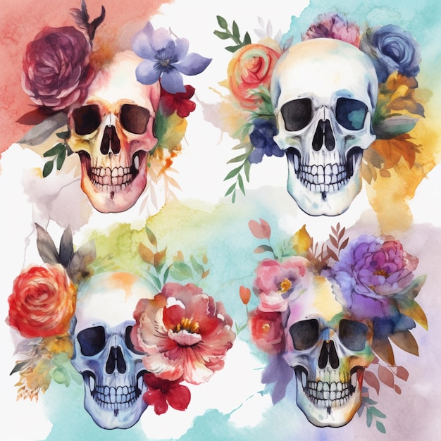 Una pintura de una calavera con flores.