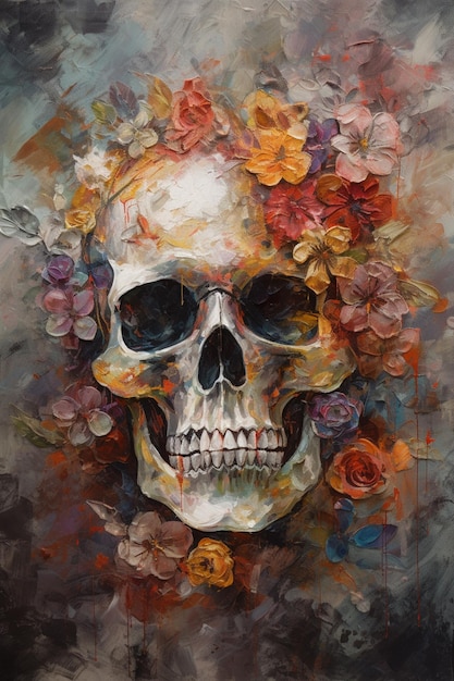 Una pintura de una calavera con flores.