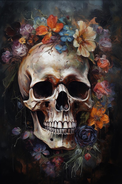 Una pintura de una calavera con flores.