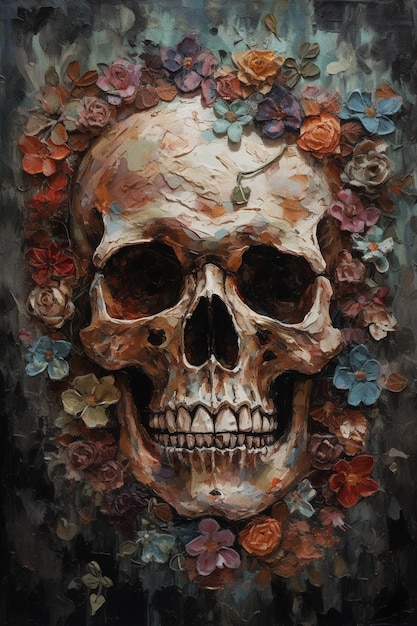 Una pintura de una calavera con flores.