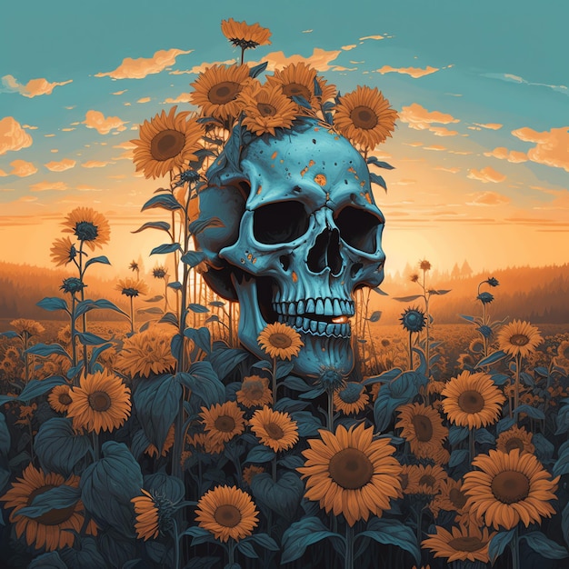 Una pintura de una calavera con girasoles al fondo.