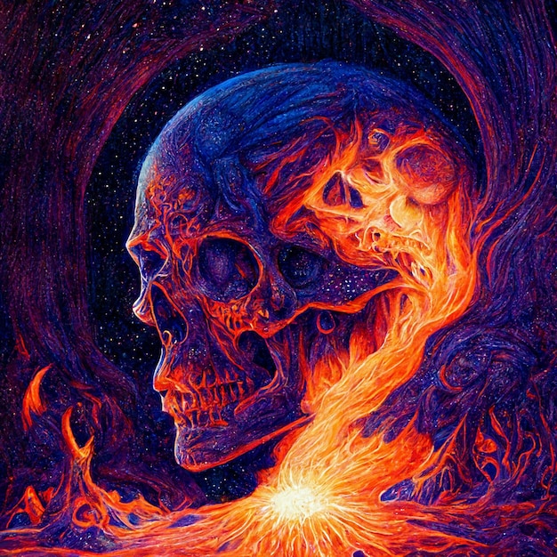 Pintura de una calavera con llamas saliendo de ella generativa ai