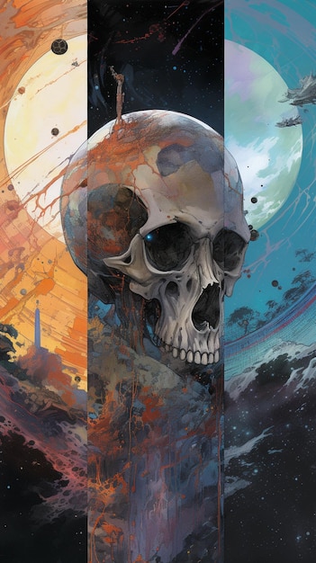 Una pintura de una calavera con una luna azul y las palabras "la palabra" en ella.