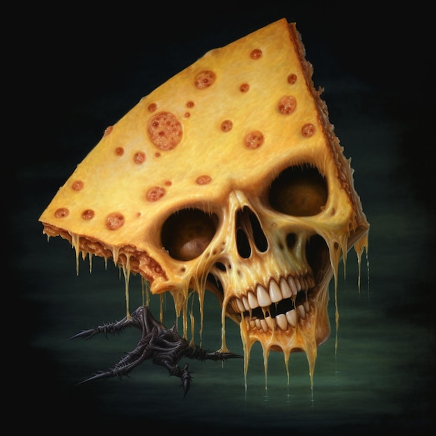 Una pintura de una calavera con un trozo de pizza.