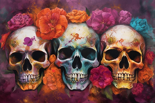 Una pintura de calaveras con flores en ellas.