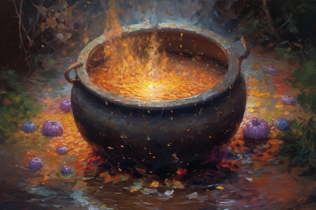 Una pintura de un caldero con fuego en él.