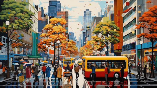 una pintura de una calle de la ciudad con un autobús y gente caminando al fondo.