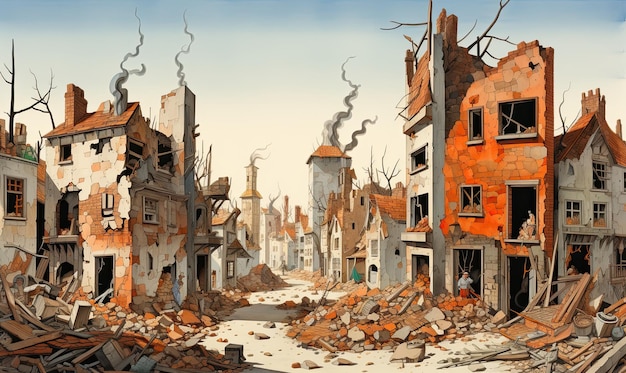 Una pintura de una calle de la ciudad destruida con un edificio destruido en el fondo.