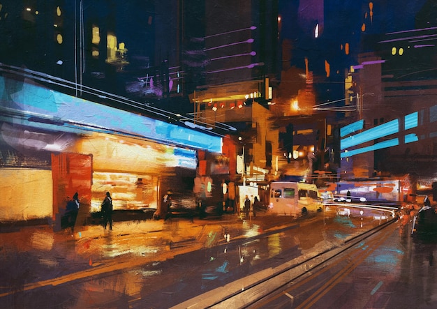 pintura de la calle en la ciudad urbana moderna en la noche