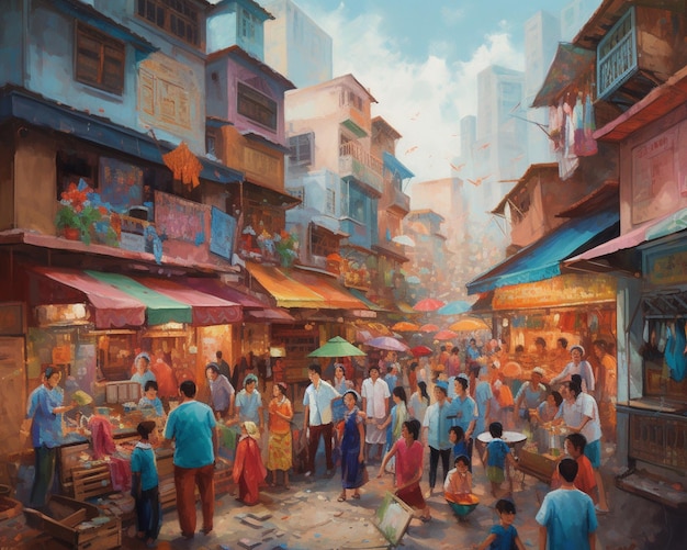 Una pintura de una calle concurrida con gente comprando y una gran cantidad de tiendas y letreros.