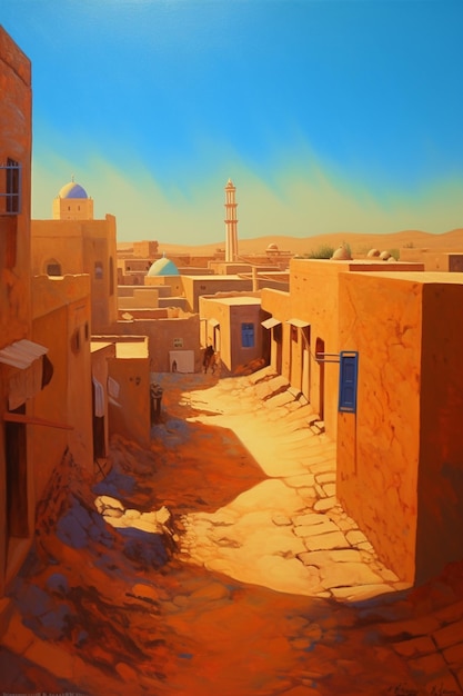 Una pintura de una calle en un desierto con una bandera azul colgando de ella.