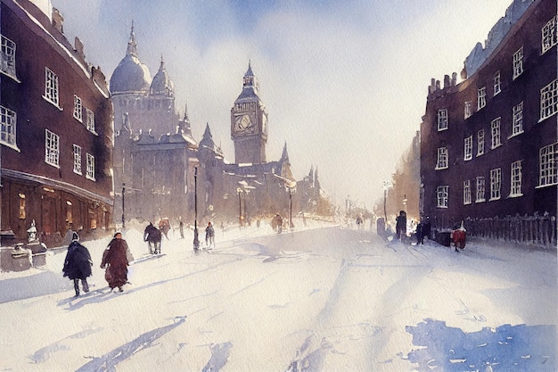 Una pintura de una calle nevada con un reloj