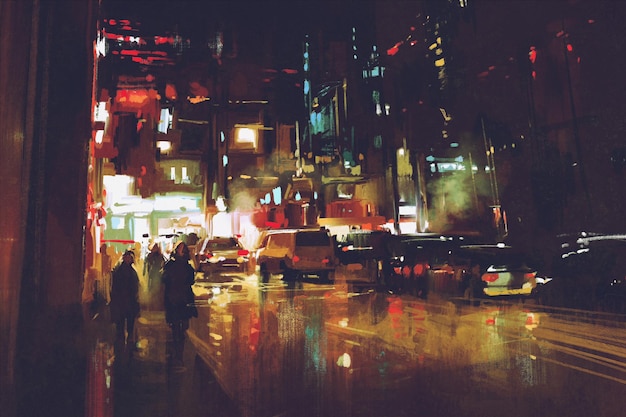 pintura de la calle nocturna con luces de colores
