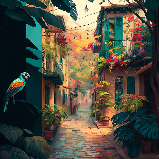 Una pintura de una calle con un pájaro colorido a la derecha.