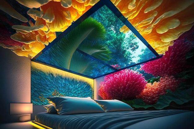 Una pintura de una cama con un fondo colorido.