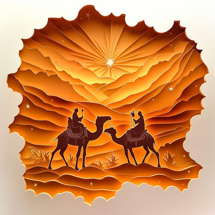 una pintura de camellos y un sol en el fondo
