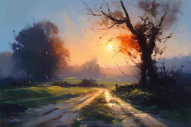 Una pintura de un camino con un árbol en primer plano.