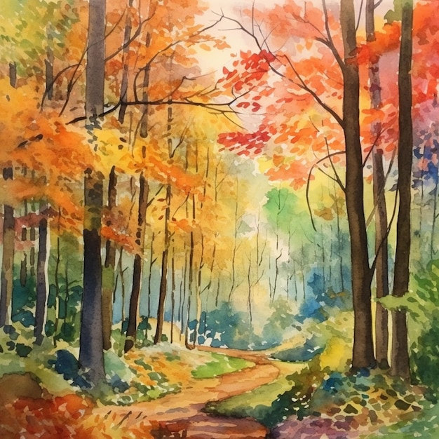 Pintura de un camino en un bosque con arboles y hojas ai generativo